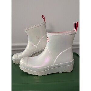 Hunter Play Boot Short Nebula Iridescent White Rain Boots Womens Sz 9 USED